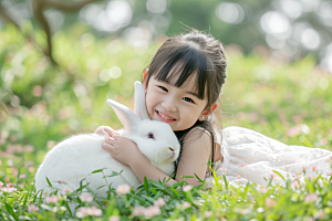 儿童和兔子可爱童趣摄影图