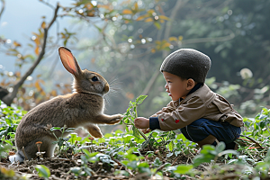 儿童和兔子孩子高清摄影图