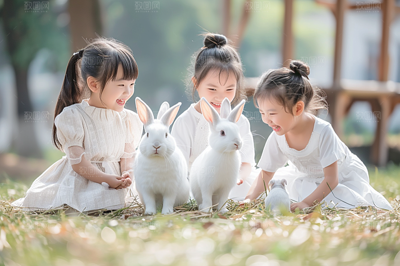 儿童和兔子自然高清摄影图