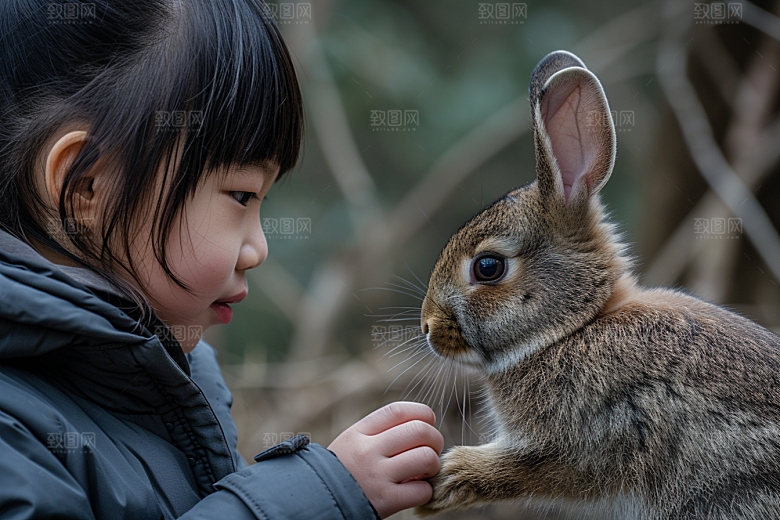 儿童和兔子清新自然摄影图