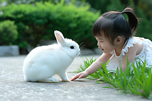 儿童和兔子自然宠物摄影图