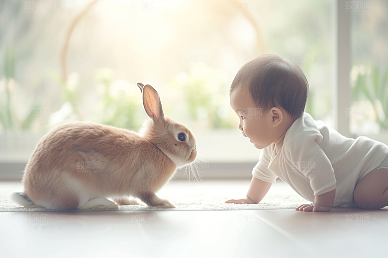儿童和兔子孩子宠物摄影图