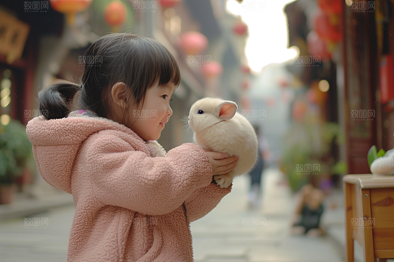 儿童和兔子孩子可爱摄影图