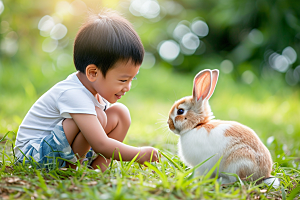 儿童和兔子生活爱心摄影图