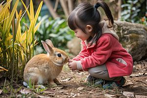 儿童和兔子高清自然摄影图