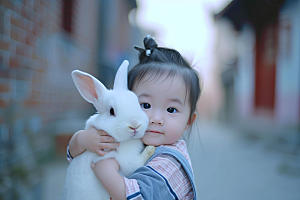 儿童和兔子可爱爱心摄影图