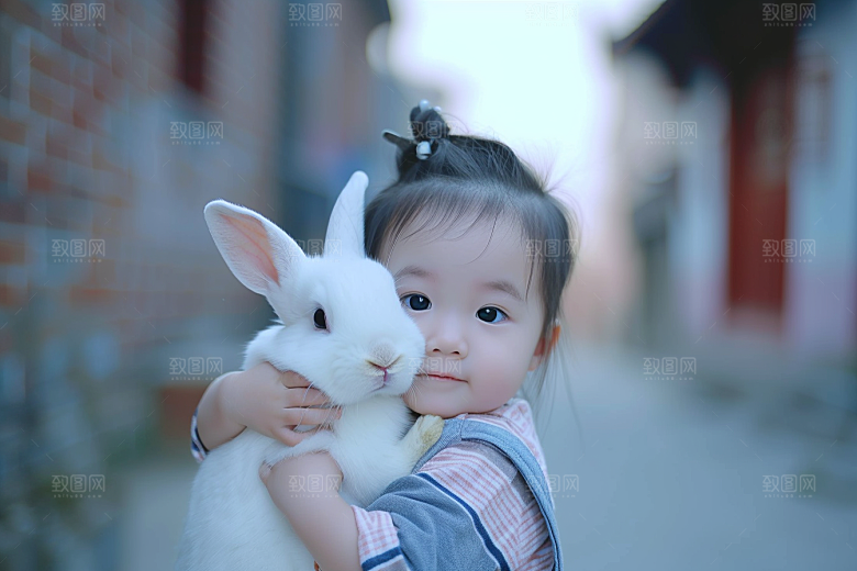 儿童和兔子可爱爱心摄影图
