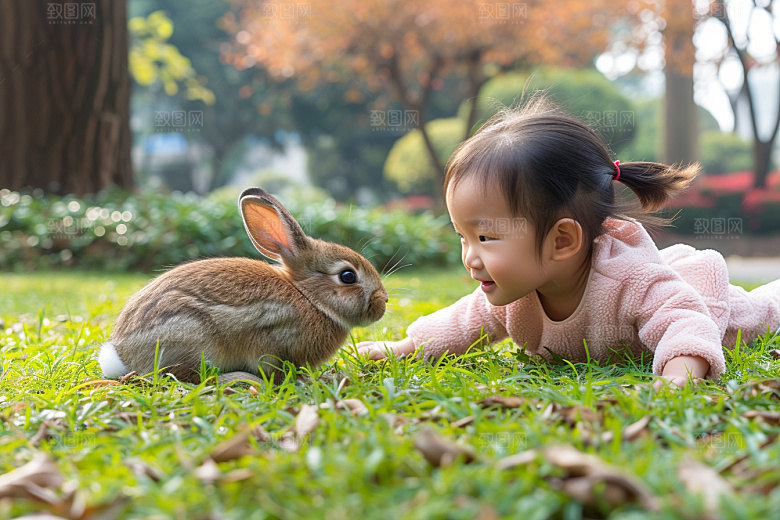 儿童和兔子自然生活摄影图