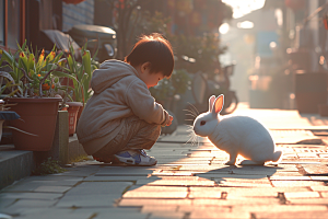 儿童和兔子生活可爱摄影图