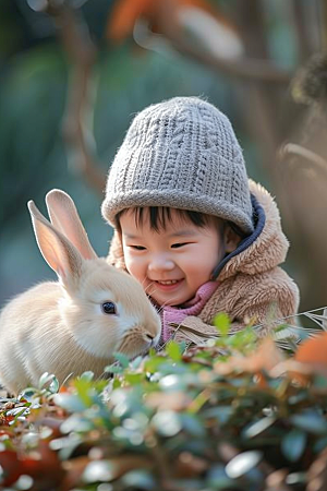 儿童和兔子清新童趣摄影图