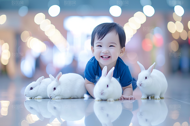 儿童和兔子清新爱心摄影图