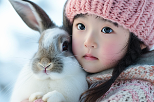 儿童和兔子清新可爱摄影图