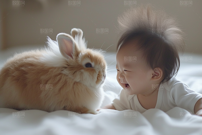 儿童和兔子童趣自然摄影图