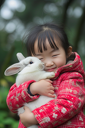 儿童和兔子生活孩子摄影图