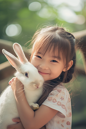 儿童和兔子童趣爱心摄影图