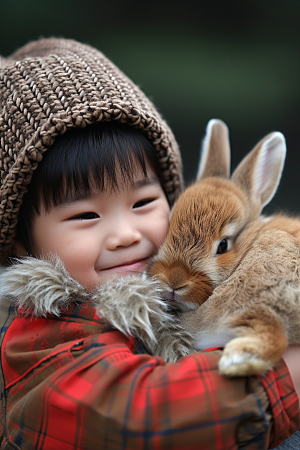 儿童和兔子生活自然摄影图