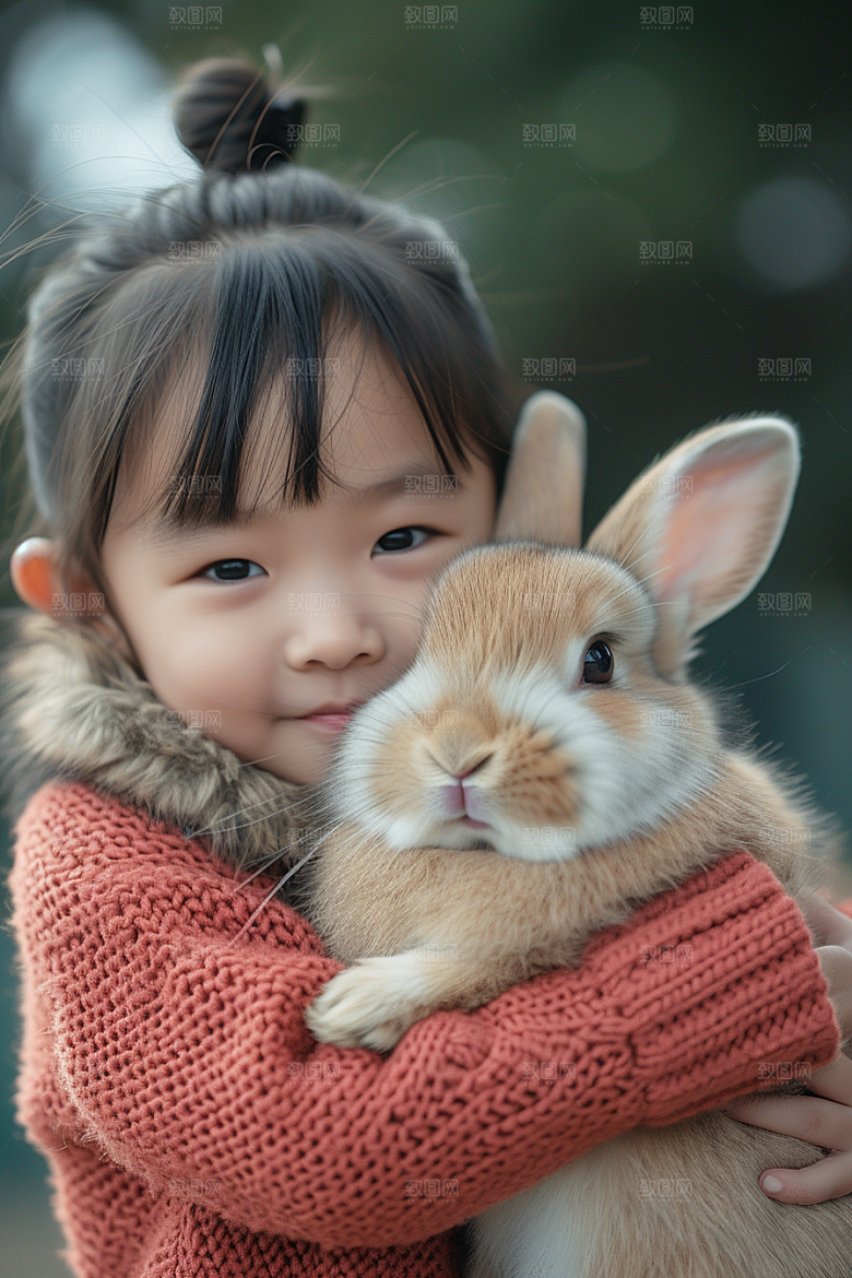 儿童和兔子孩子高清摄影图