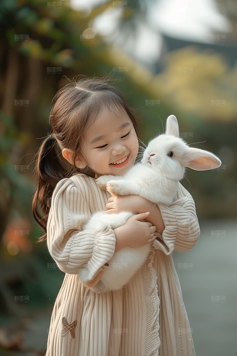 儿童和兔子童趣自然摄影图