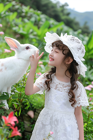 儿童和兔子爱心宠物摄影图