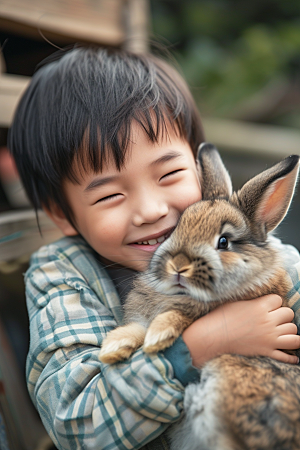 儿童和兔子生活高清摄影图