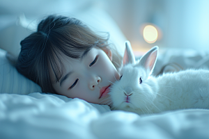 儿童和兔子清新童趣摄影图