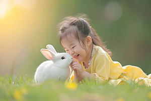 儿童和兔子孩子宠物摄影图
