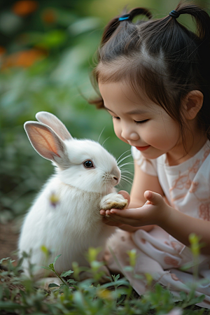 儿童和兔子爱心生活摄影图