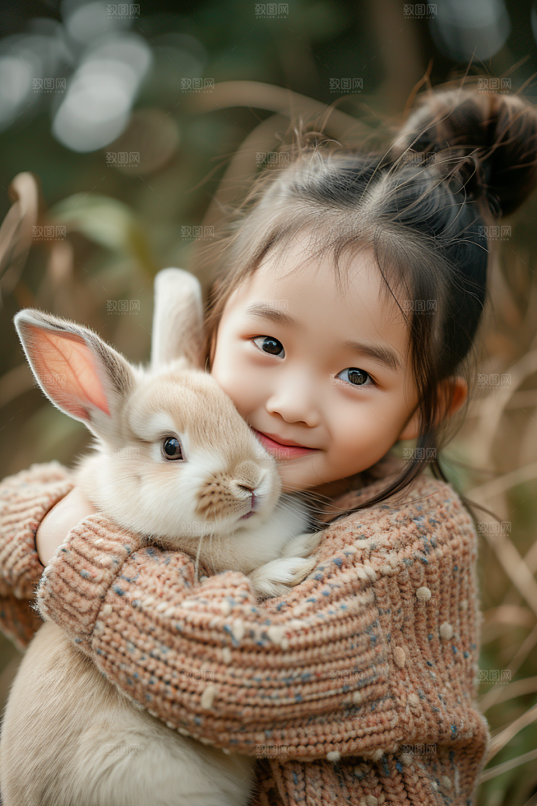儿童和兔子生活宠物摄影图