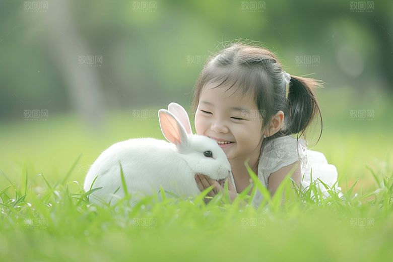儿童和兔子清新自然摄影图