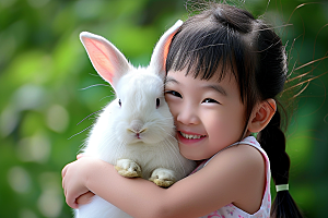 儿童和兔子可爱宠物摄影图