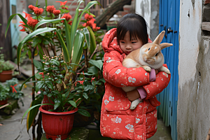 儿童和兔子爱心童趣摄影图
