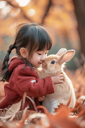 儿童和兔子宠物可爱摄影图