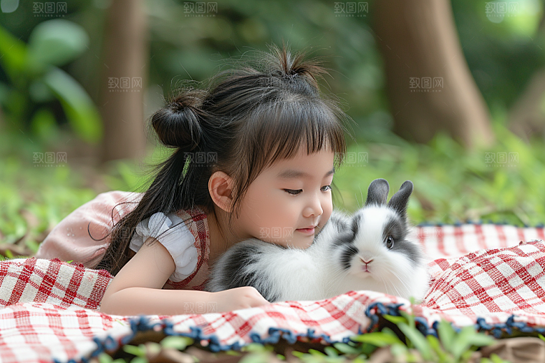 儿童和兔子宠物生活摄影图