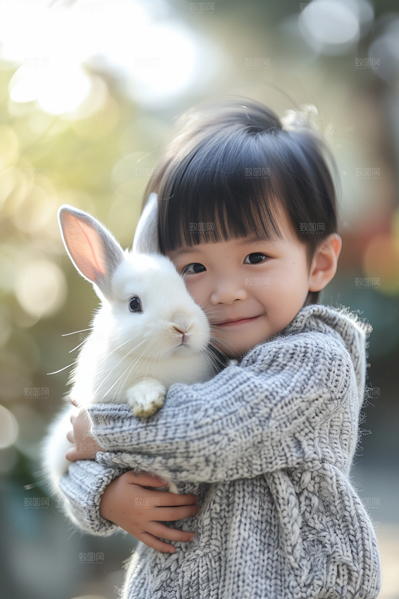 儿童和兔子爱心自然摄影图