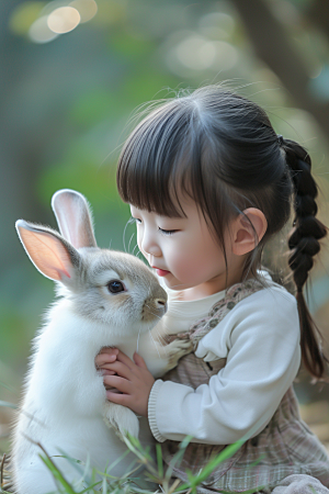 儿童和兔子童趣爱心摄影图