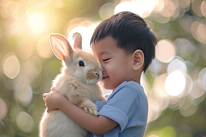 儿童和兔子爱心童趣摄影图