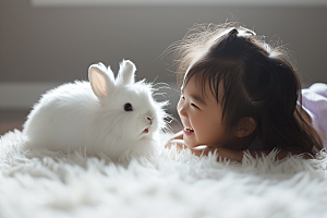 儿童和兔子高清生活摄影图