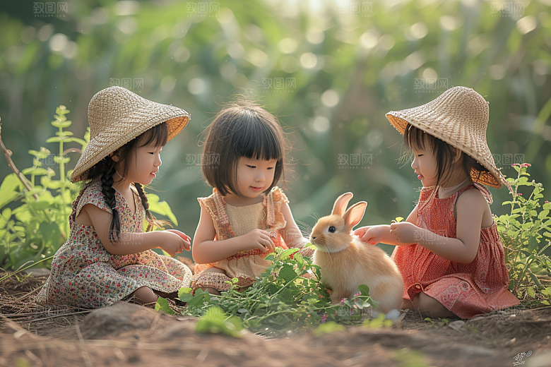 儿童和兔子高清自然摄影图