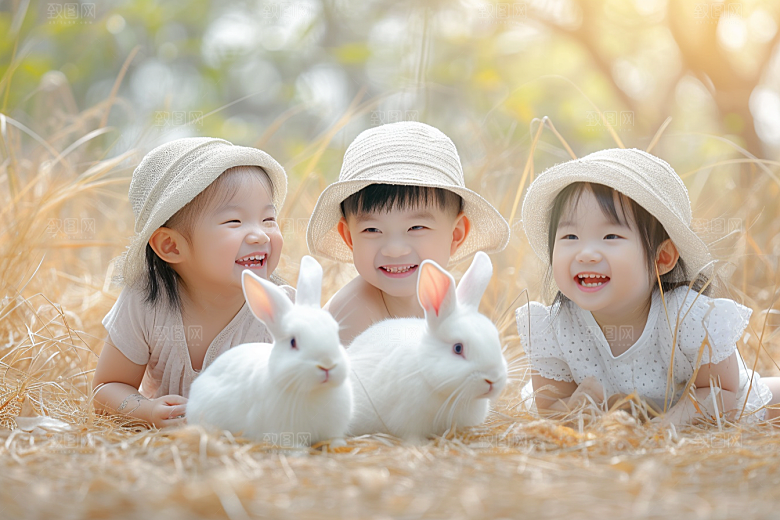 儿童和兔子高清清新摄影图