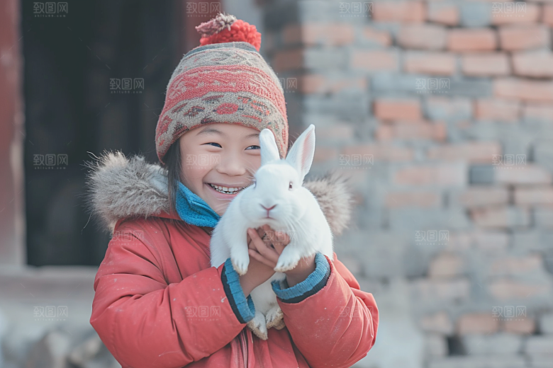 儿童和兔子自然高清摄影图