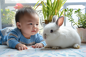 儿童和兔子孩子清新摄影图