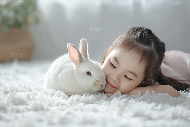 儿童和兔子自然爱心摄影图