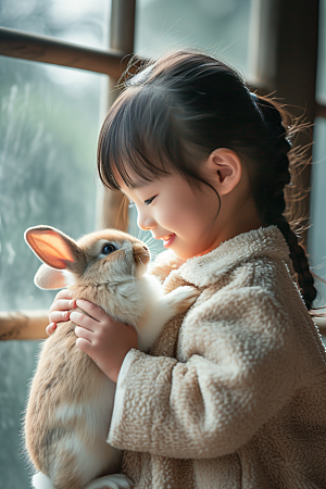儿童和兔子可爱高清摄影图