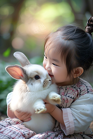 儿童和兔子生活宠物摄影图
