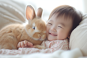 儿童和兔子可爱童趣摄影图