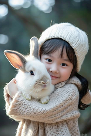 儿童和兔子宠物高清摄影图