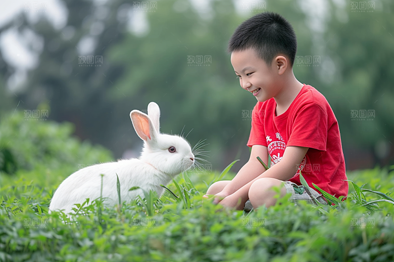 儿童和兔子可爱童趣摄影图