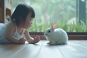儿童和兔子高清清新摄影图