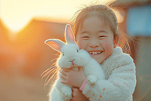 儿童和兔子童趣自然摄影图
