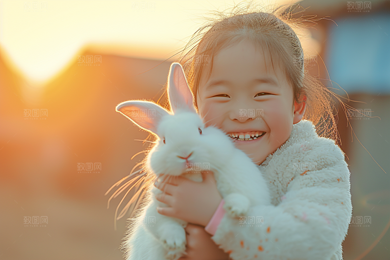 儿童和兔子童趣自然摄影图